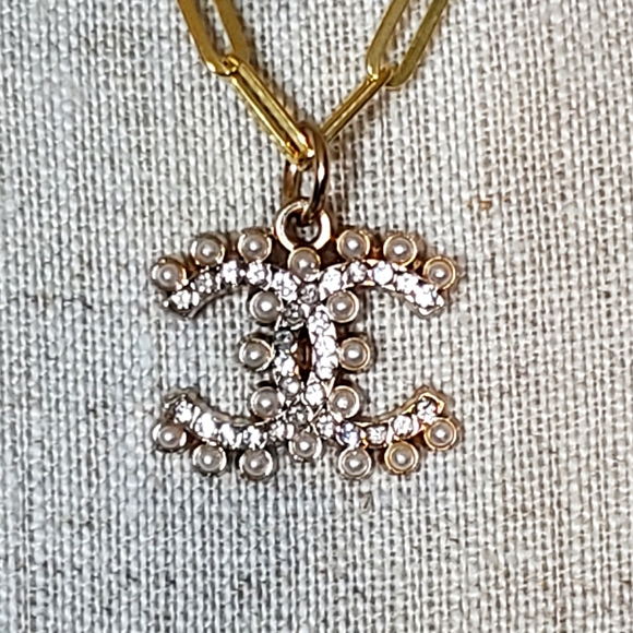 CHANEL Jewelry Vintage Chanel Logo Pearl Crystal Gold Vermeil